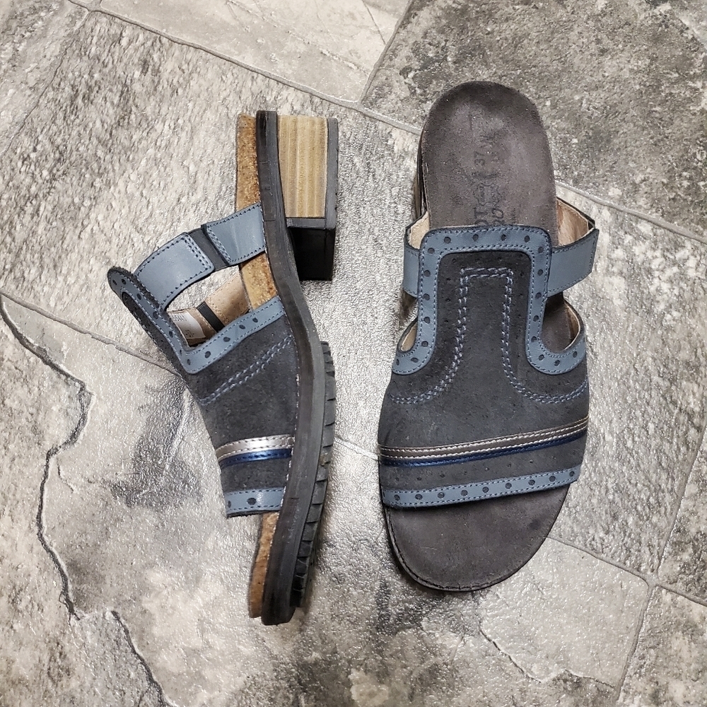 Naot Nifty Blue Gray Suede Leather Slip-on Slide Chunky Block Heel Sandals 37 - Picture 2 of 8